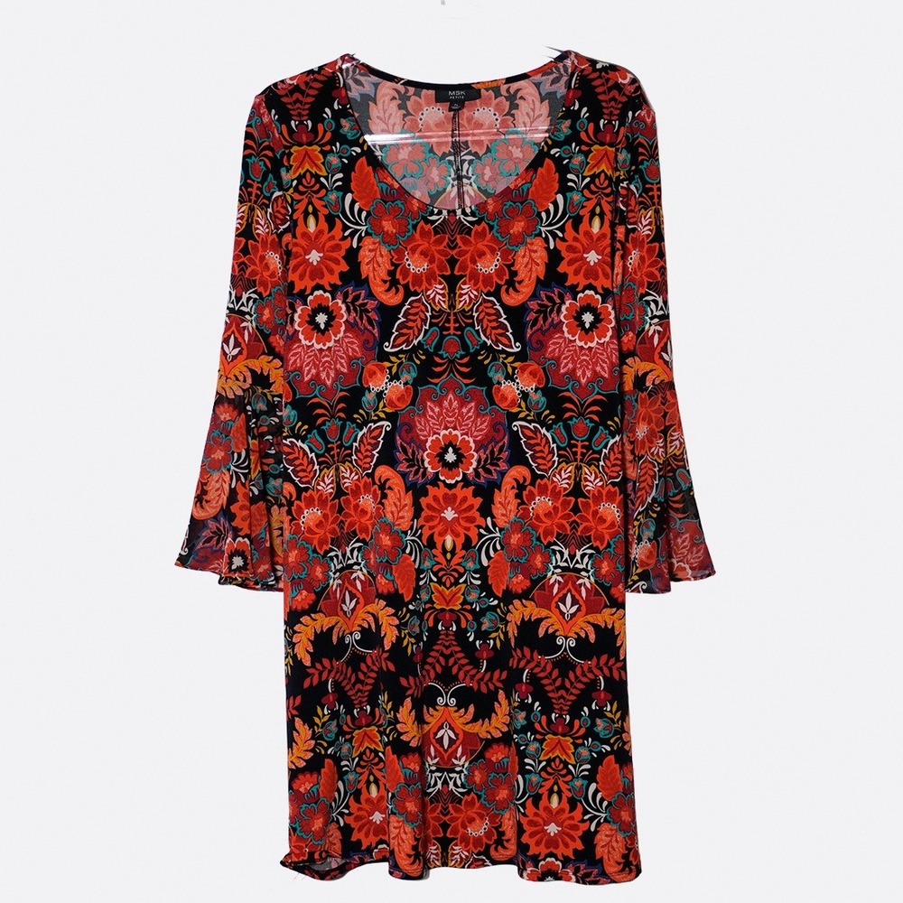 MSK Boho Chic Paisley Bell Sleeve Cocktail Dress  L 12 14 Retro 70s Sunset Bloom - Picture 2 of 8